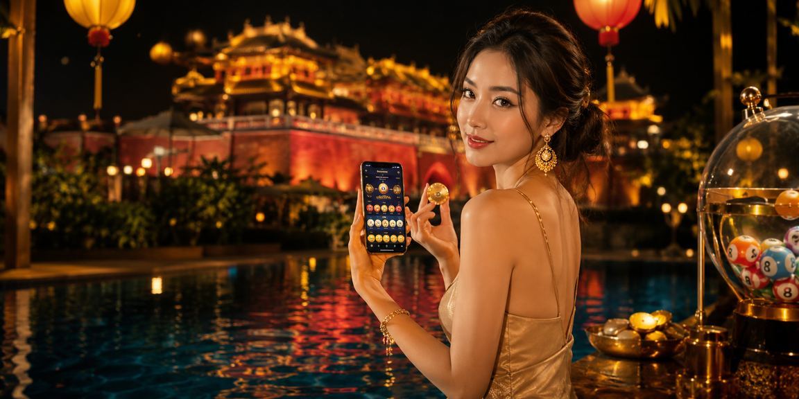 Người dùng tại Hội An dưới ánh đèn lồng truyền thống tra cứu kết quả xổ số trực tuyến