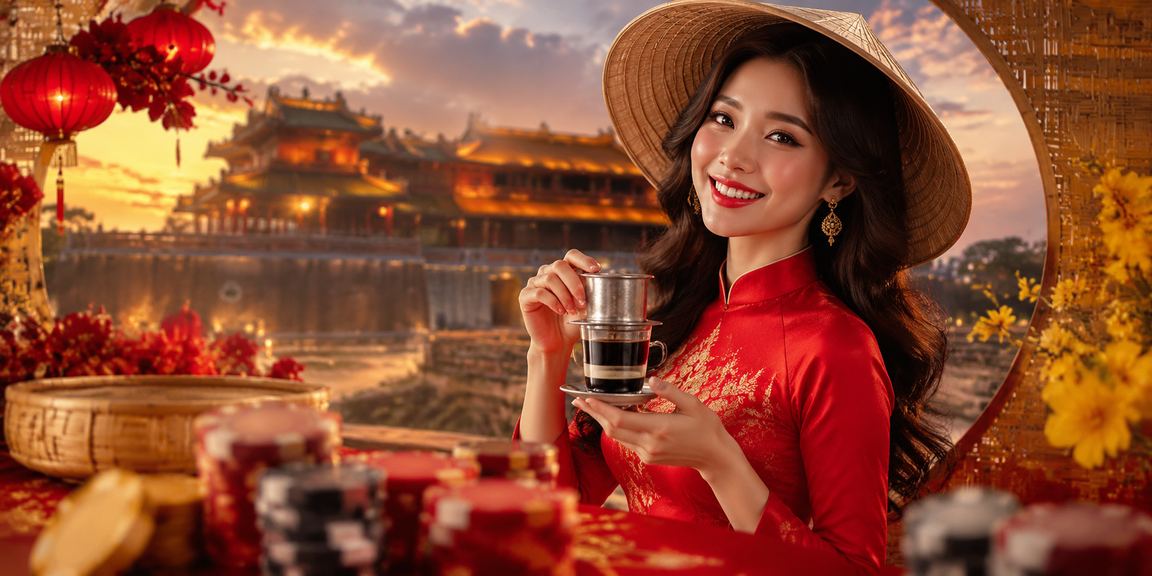 Người dùng Huế đội nón lá truyền thống tham gia cá cược trực tuyến trong không gian văn hóa địa phương